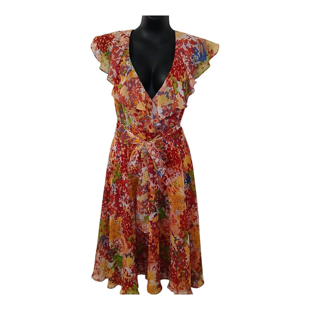Karin Stevens Floral Chiffon Wrap Dress Size 6 Ruffle Sleeve Cottagecore Boho